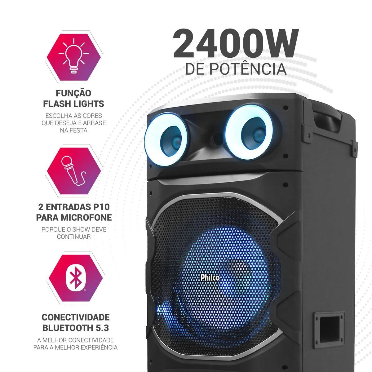 Caixa de Som Amplificada Philco Flash Lights 2400W PCX24000