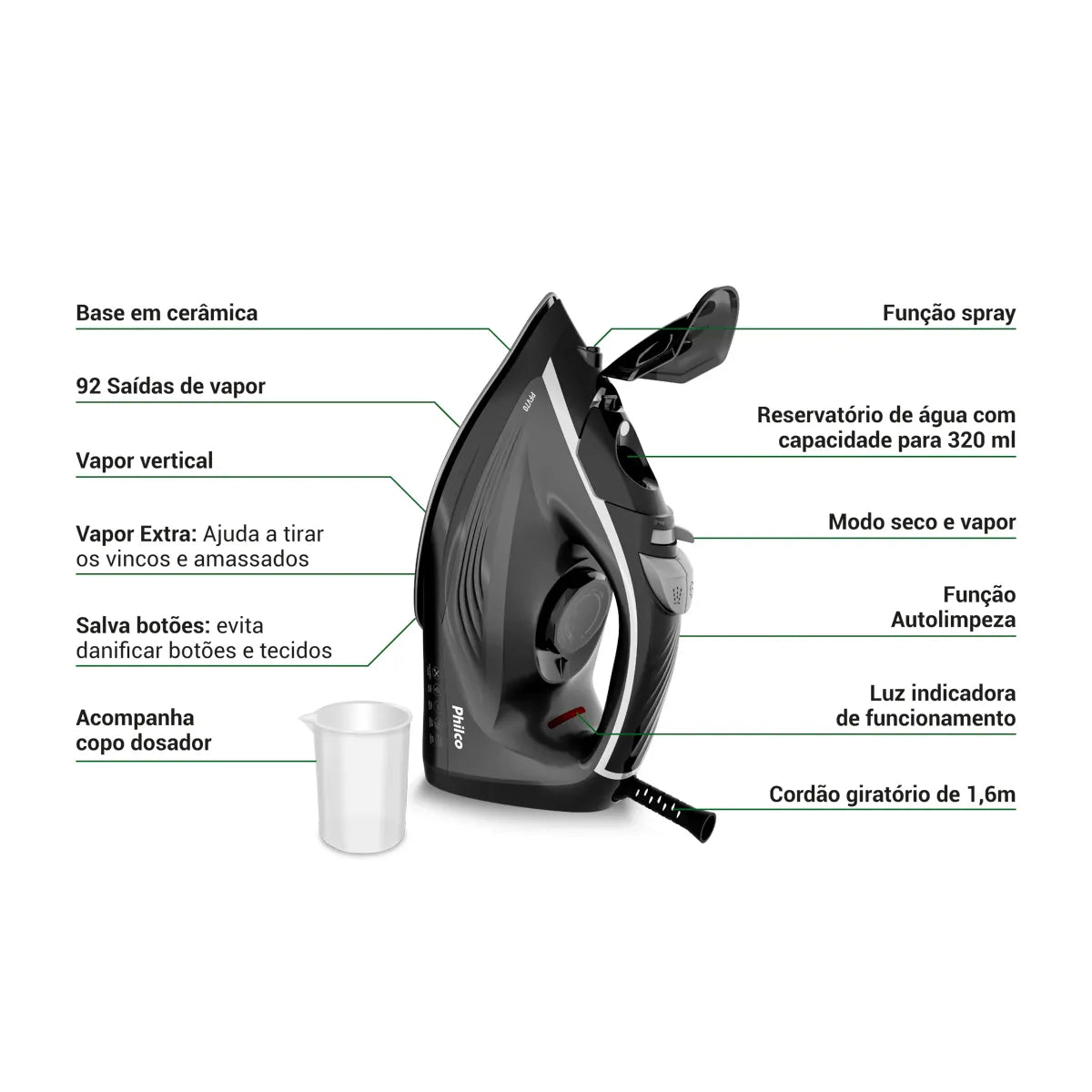 Ferro de Passar a Vapor Philco 320ml Base Cerâmica PFV70