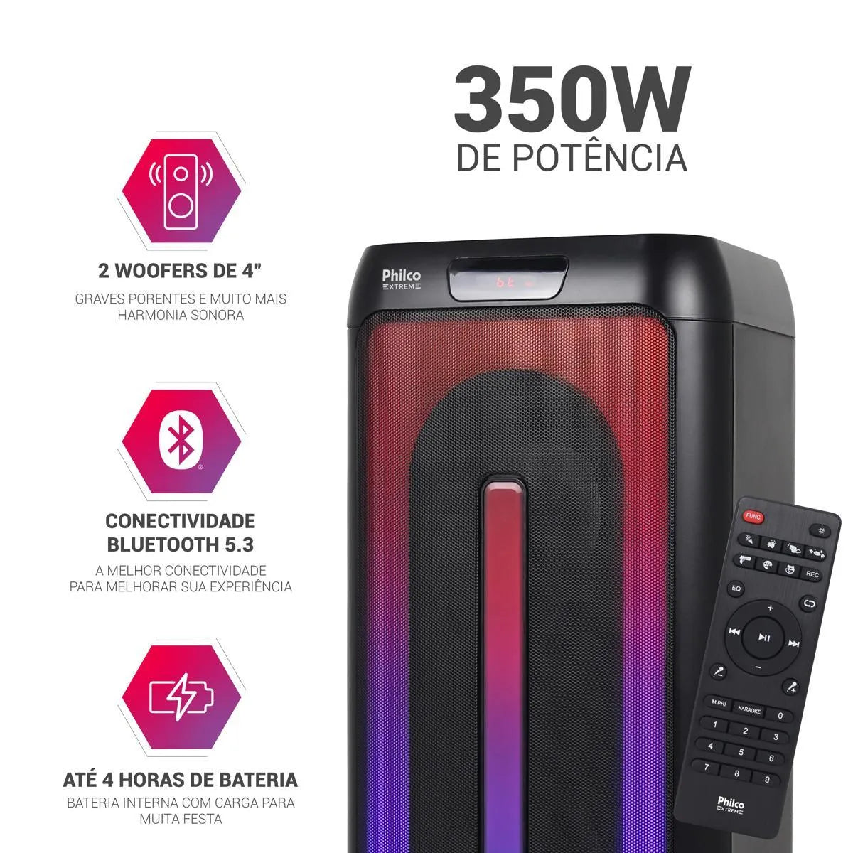 Caixa de Som Amplificada Philco 350W PCX4501 Flash Lights